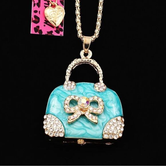 Enamel Crystal Bowknot Handbag Pendant Necklace NWOT - Picture 1 of 3